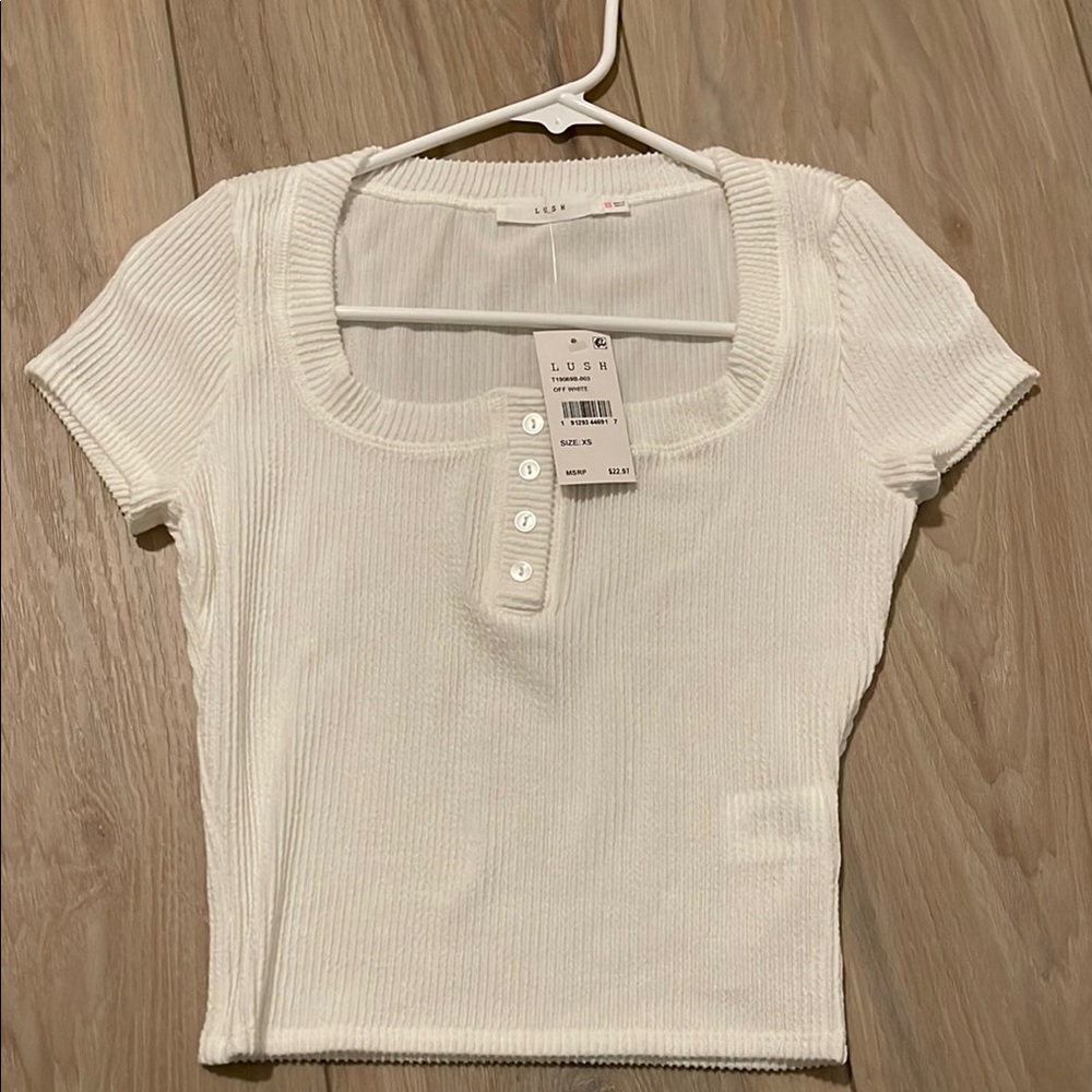 Lush White Ribbed Button-Front Top